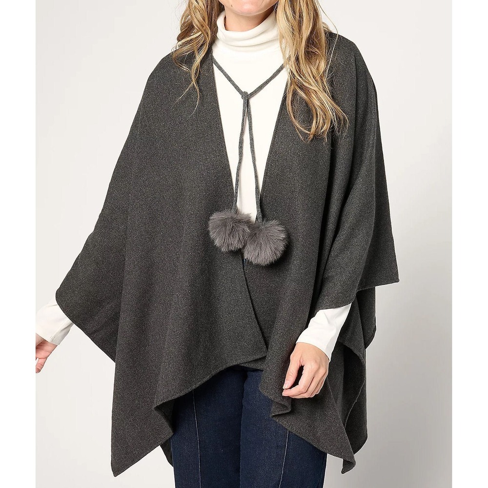 Kim Gravel Jingle Belles Faux Fur Pom Pom Ruana Open Cardigan - Charcoal One Sz